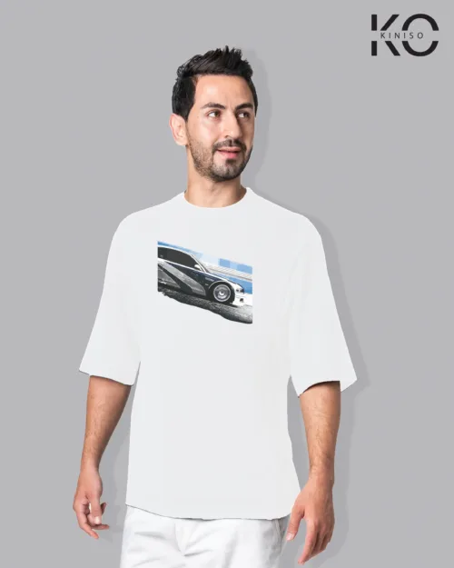 Image of White color drop shoulder t-shirt with Car Vector Print for men at reasonable price